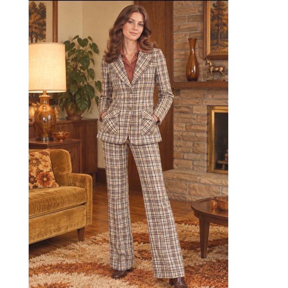 Vtg John Meyer 70s Plaid Pant Suit Brown Tan Blue Wool Blend Blazer Set med mod
